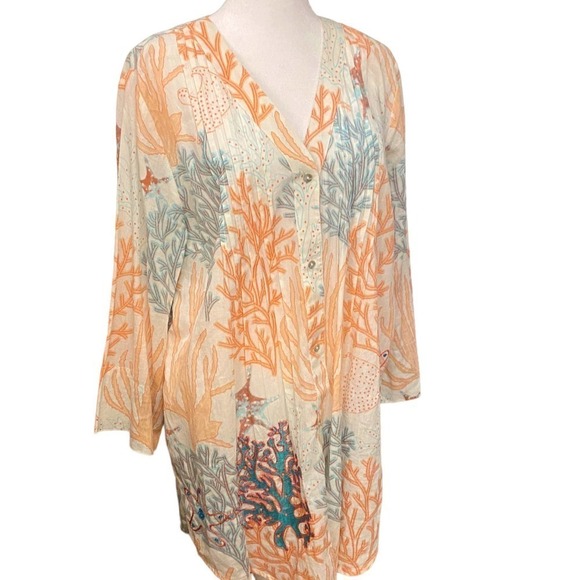 Soft Surroundings Ocean sealife button up Coral Cami Lined Tunic Shirt dress L - Picture 2 of 10